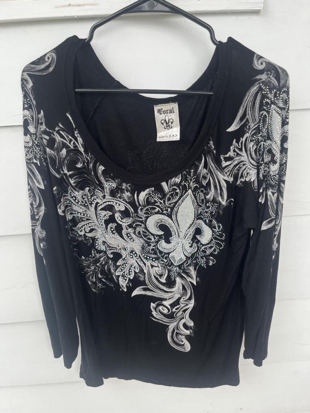 Y2K Vocal Rhinestone Grail Top | Rare Biker Bling Gothic Long Sleeve 2XL